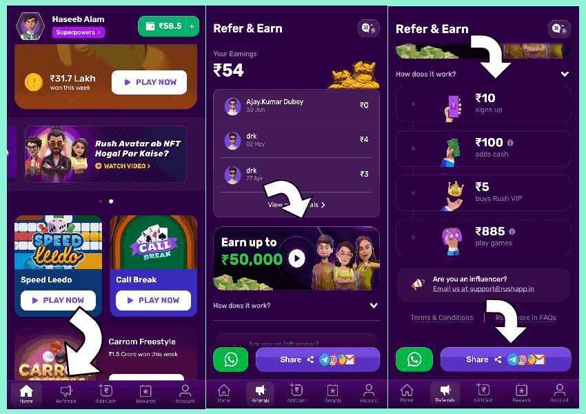 rush game app refer and earn